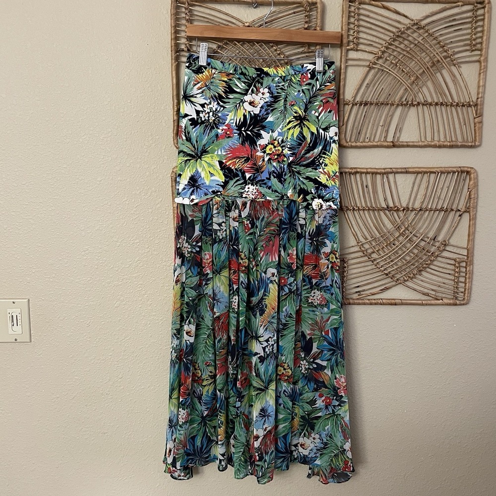 Le Ciel Bleu Tropical Hawaiian Floral Maxi Skirt Bright Flowy Resort Sz‎ 36 B32